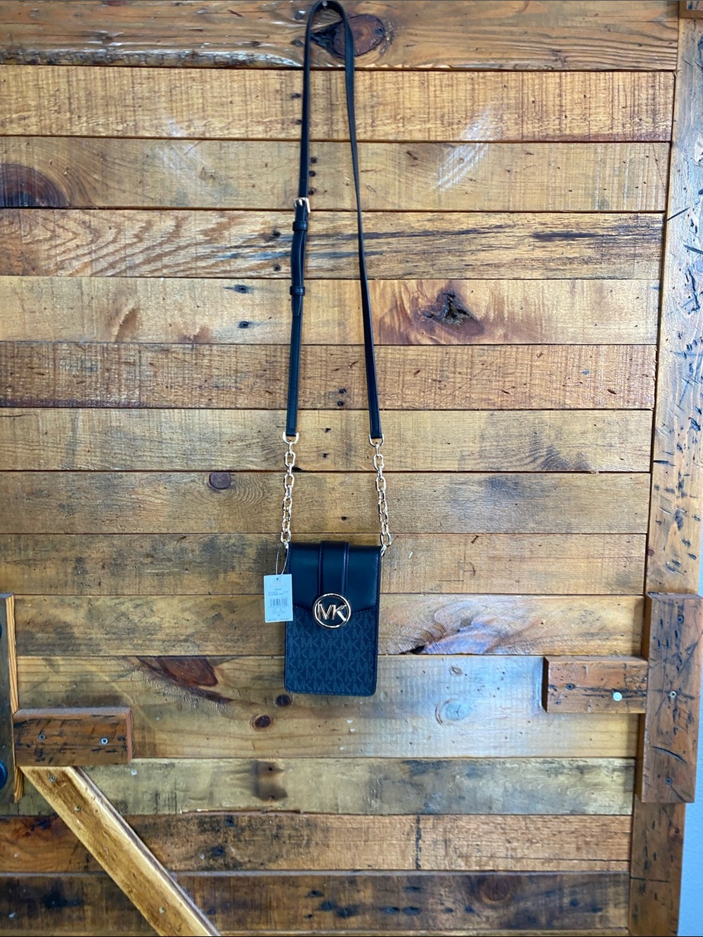 Michael Kors Black Phone Crossbody with Gold MK Emblem
